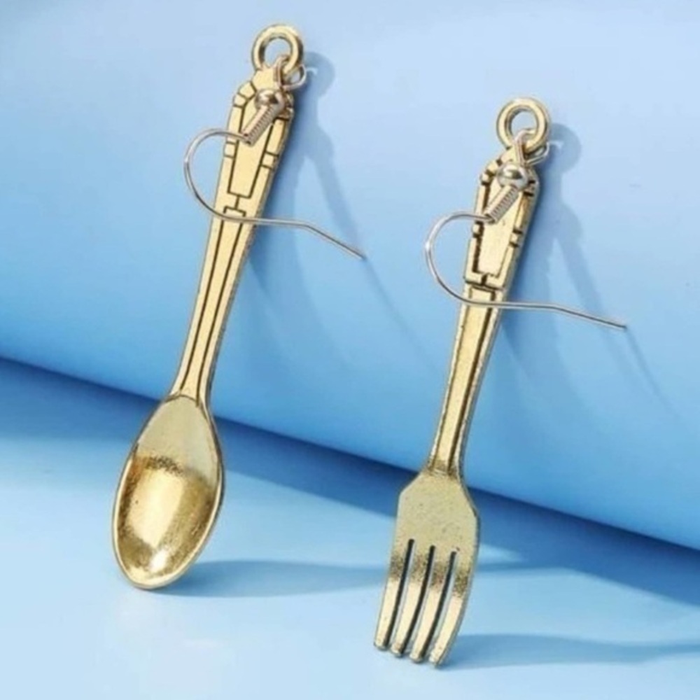 Antique-Gold-Tone Fork & Spoon Drop Earrings Chef Utensils BRAND NEW